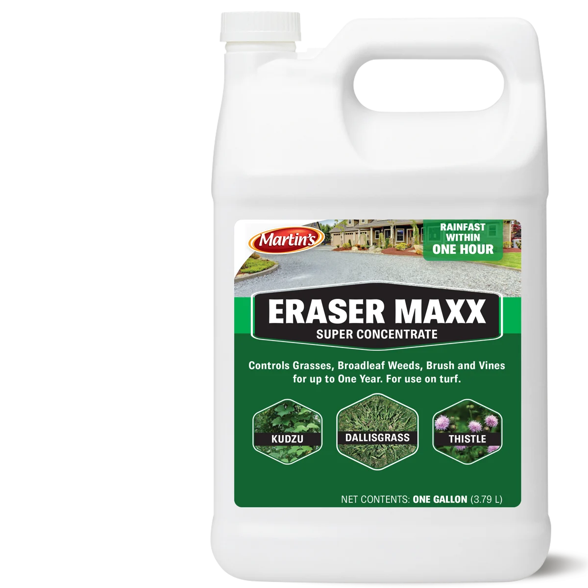 Martin's Eraser Maxx Super Concentrate herbicide, one gallon jug with a handle and a dark green label