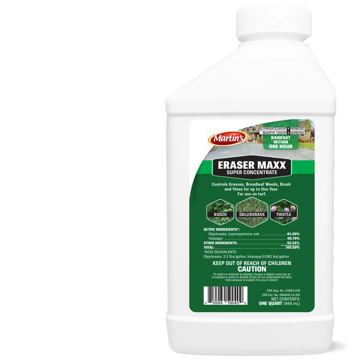 Martin's Eraser Maxx Super Concentrate herbicide, one quart bottle with a dark green label listing 43.68% glyphosate and 0.78% imazapyr
