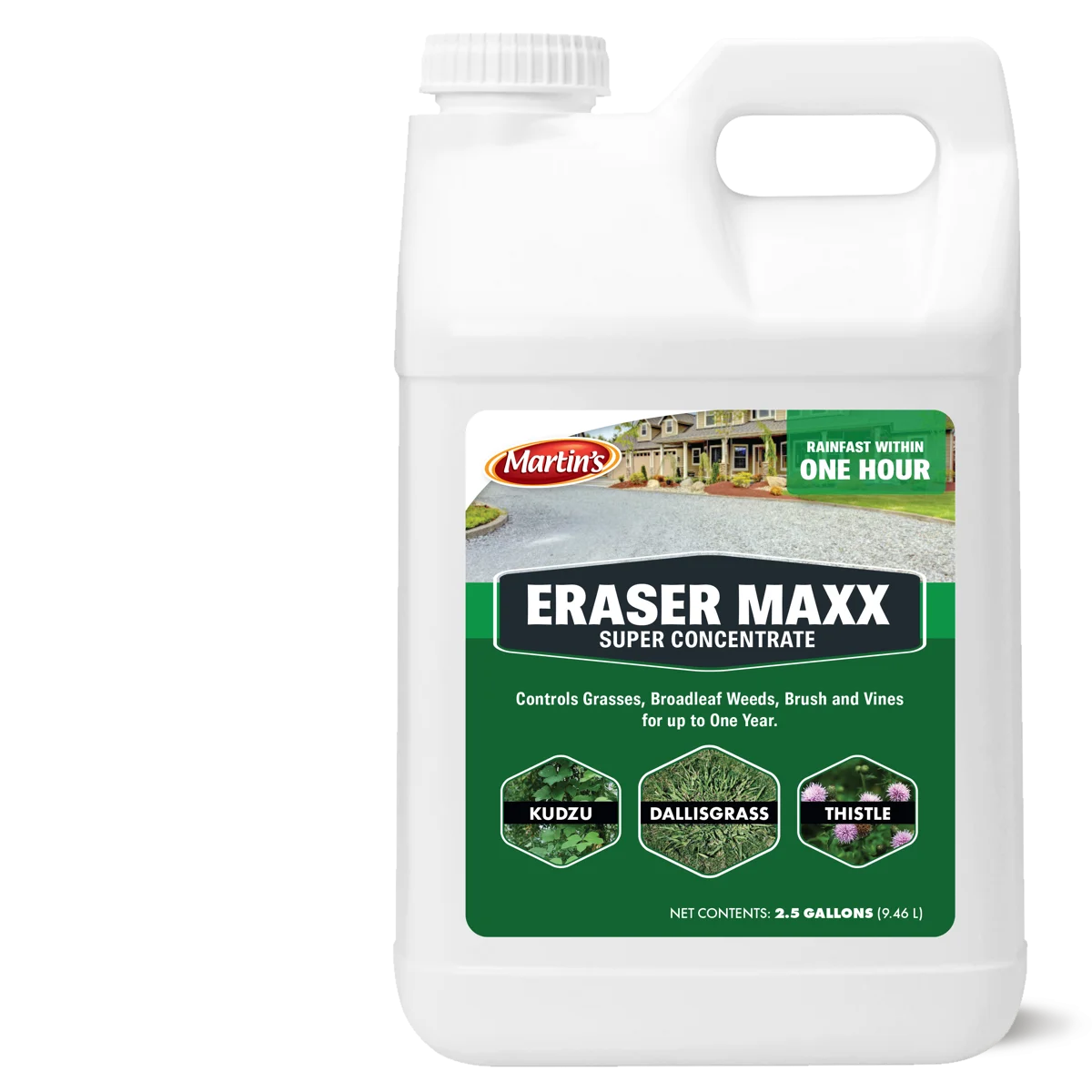 Martin's Eraser Maxx Super Concentrate herbicide, 2.5 gallon jug with a handle and a dark green label