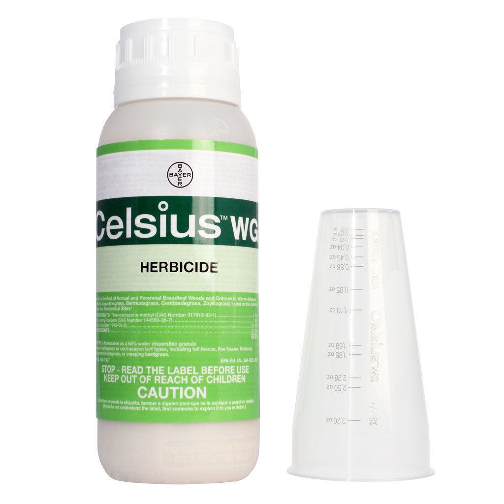 Celsius WG herbicide bottle from Bayer with a green label, shown beside its measuring cup